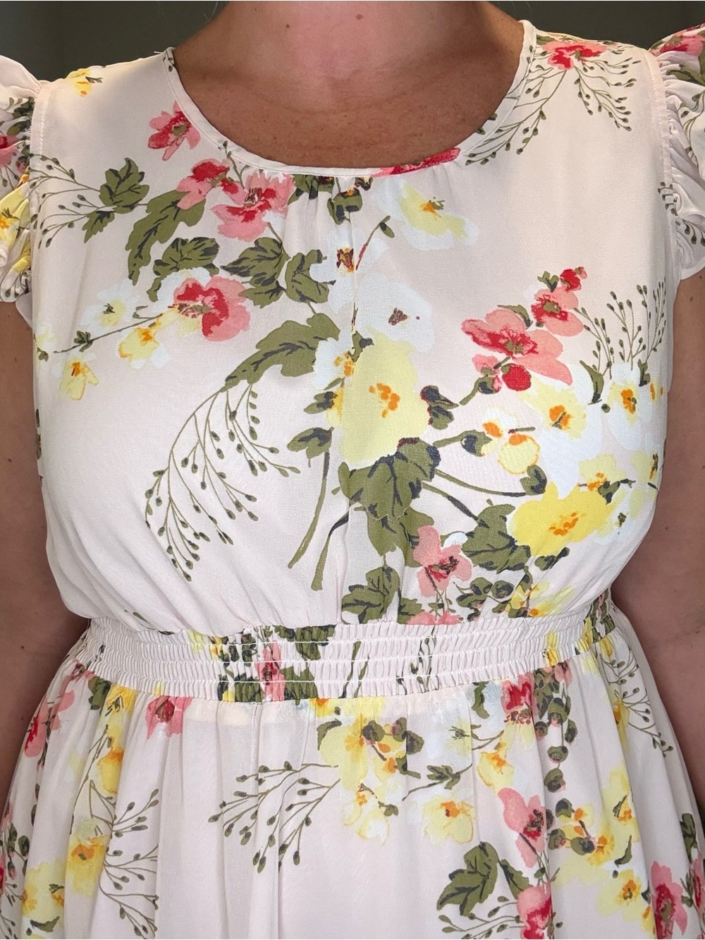 Floral Ruffle Sleeve Midi Dress in White with Yellow & Pink Blooms